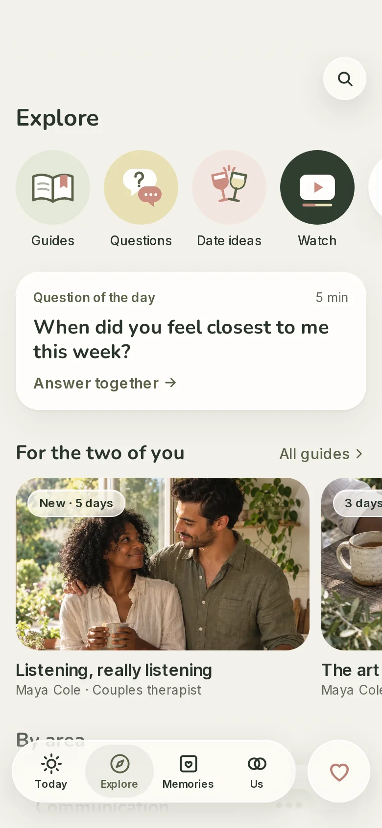 The Explore tab: guides, questions and date ideas.
