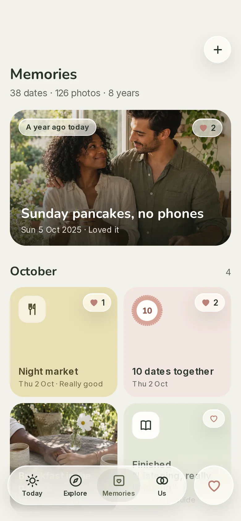 The Memories tab: dates and milestones, each with its hearts.