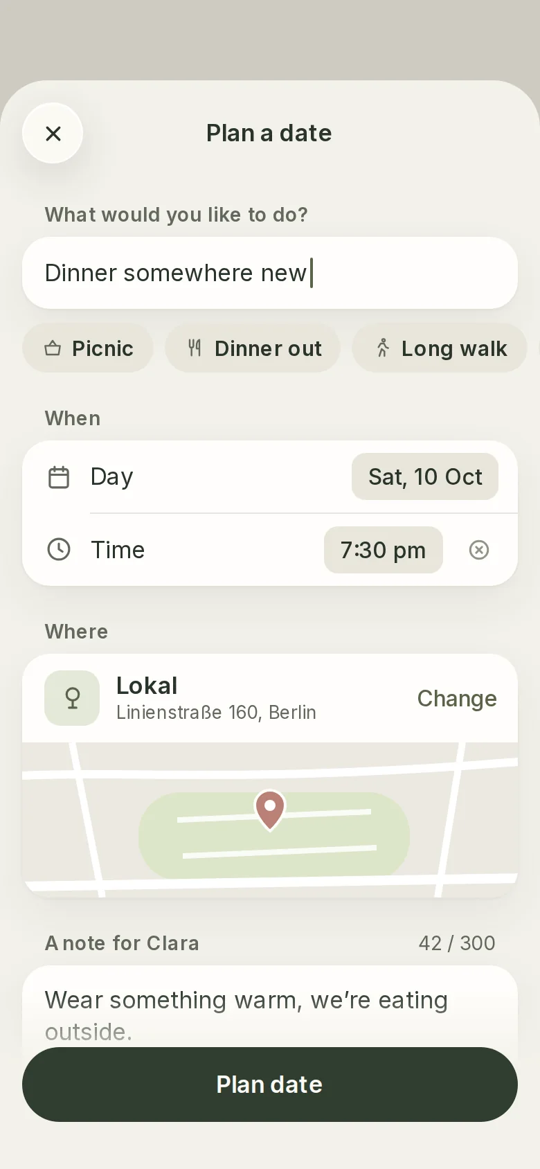 Plan a date: an idea, a day, a place, and a note for Clara.