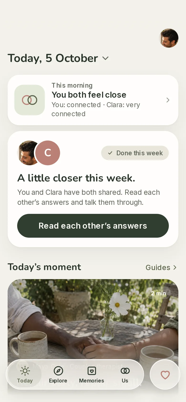 The rechoose Today screen: this morning’s check-in, this week’s check-in, and today’s moment.